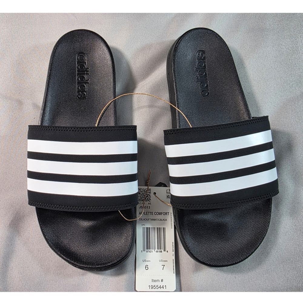 Adidas Adilette Comfort Slides Men 6 / Women 7 Black White Sandals JS4313 NEW